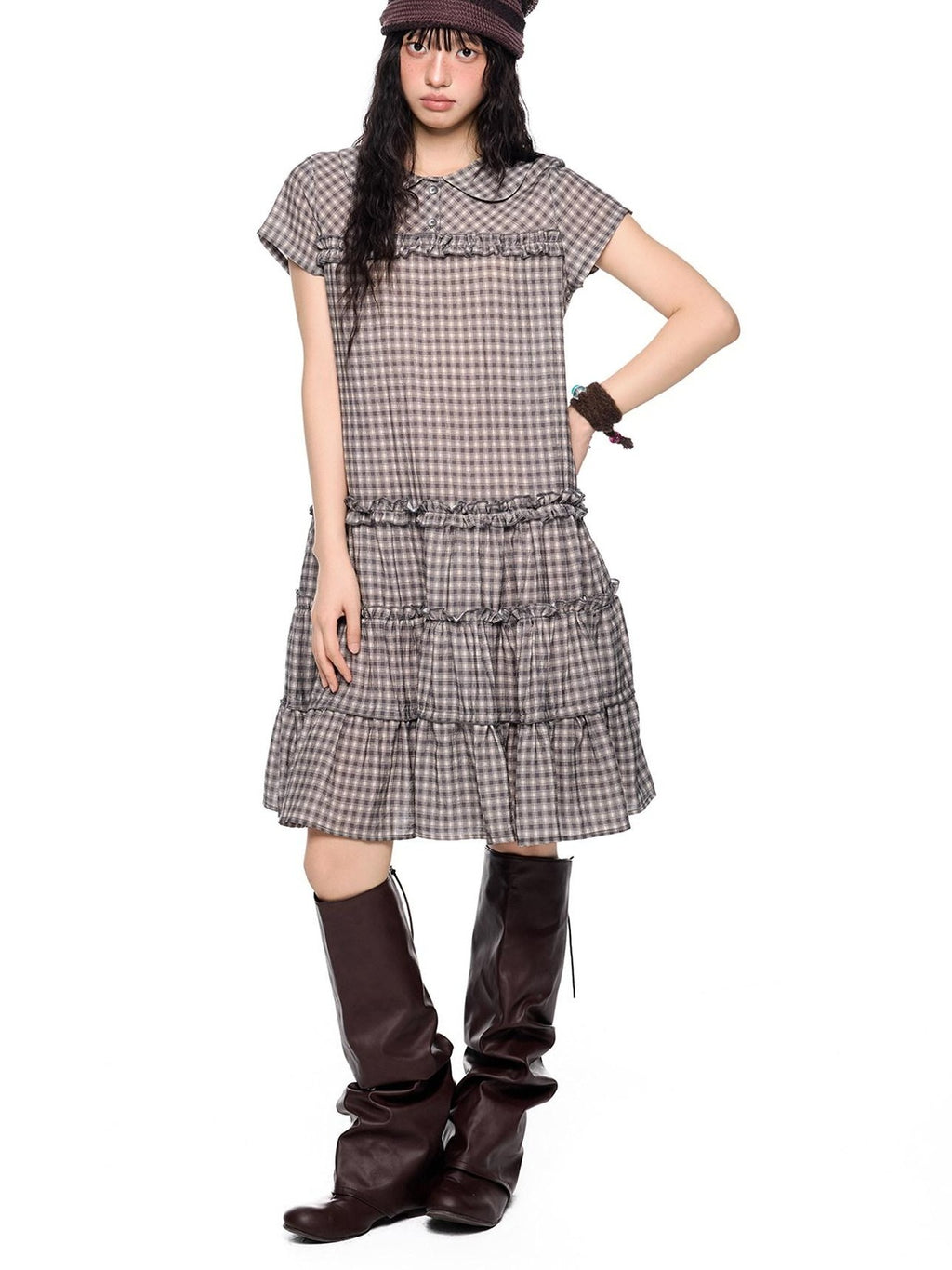EZEK Gingham Lace Doll Collar Ruffled Women's Cotton Babydoll Midi Dresses