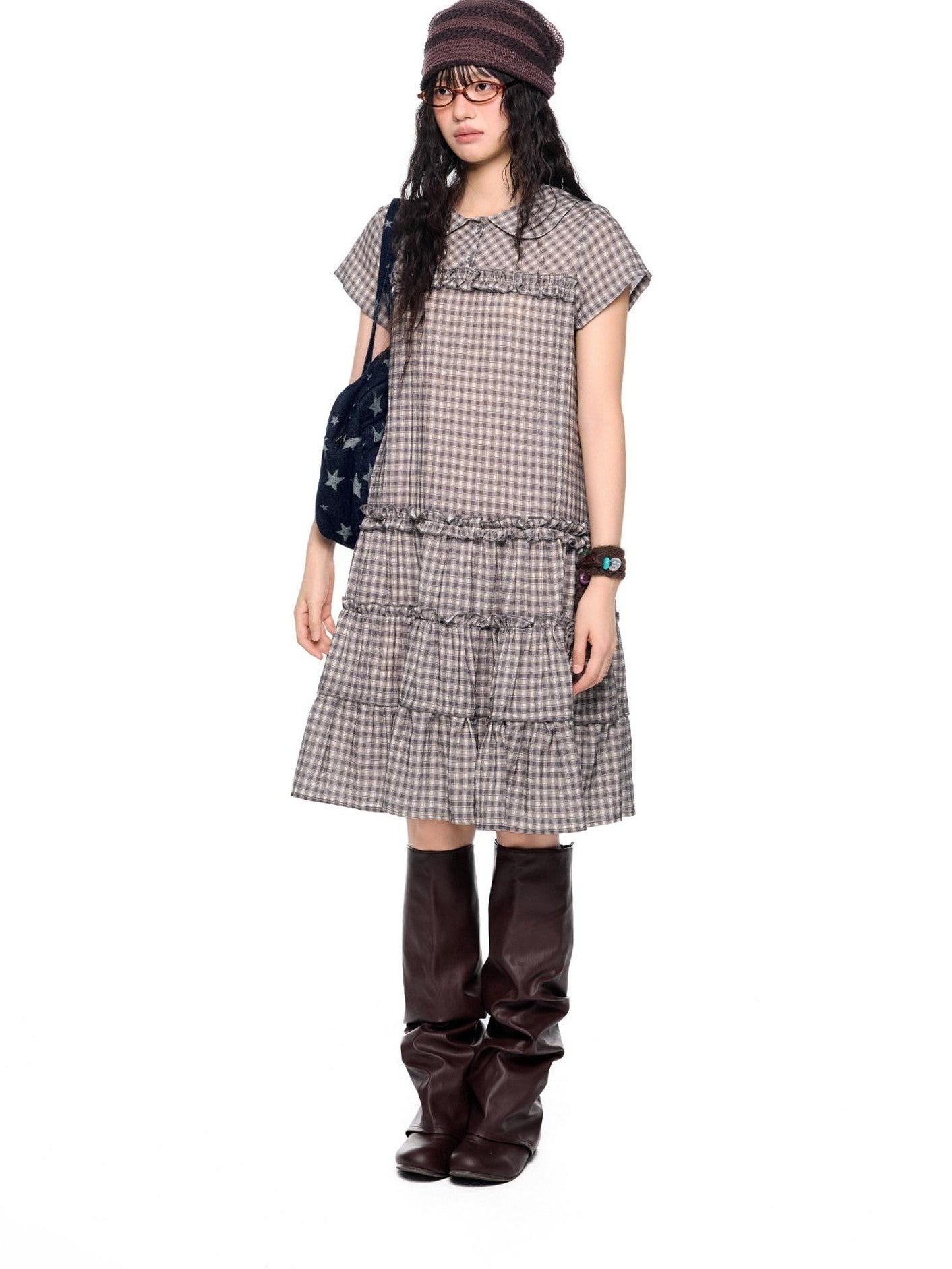 EZEK Gingham Lace Doll Collar Ruffled Women's Cotton Babydoll Midi Dresses