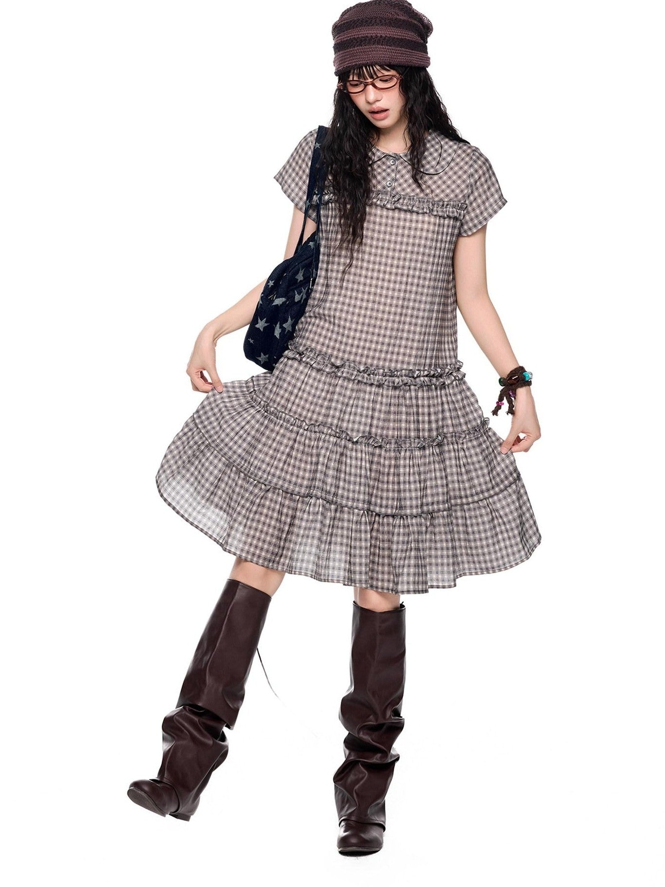 EZEK Gingham Lace Doll Collar Ruffled Women's Cotton Babydoll Midi Dresses
