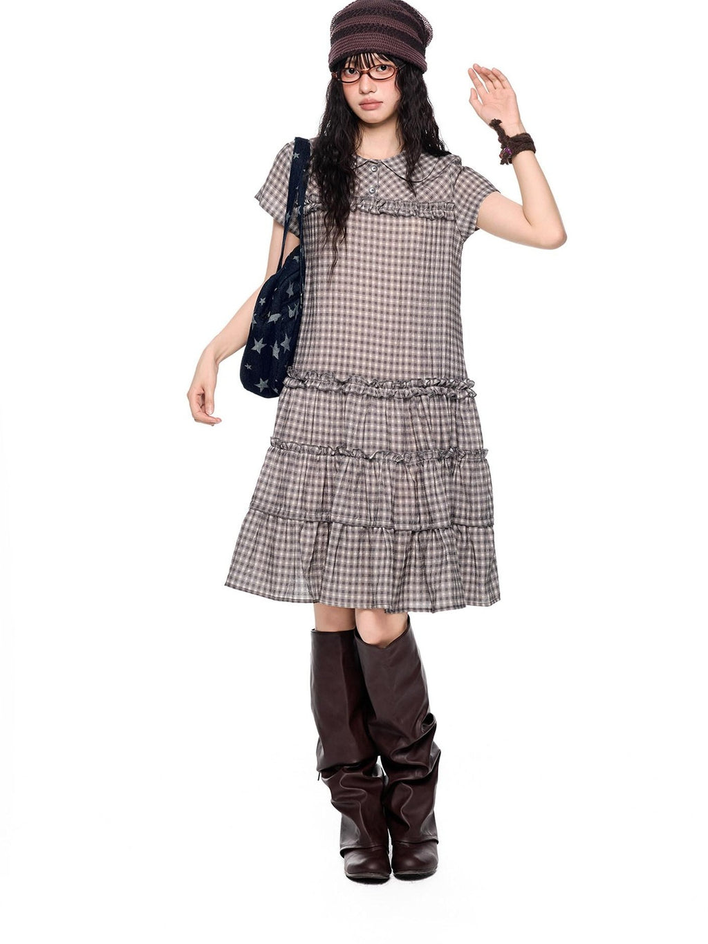 EZEK Gingham Lace Doll Collar Ruffled Women's Cotton Babydoll Midi Dresses