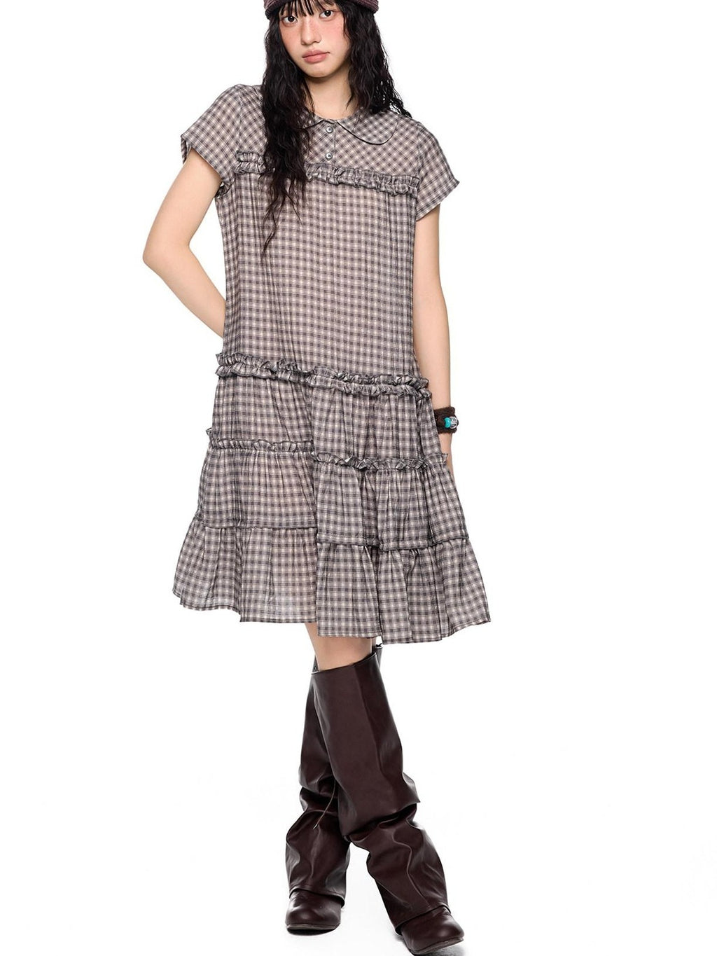 EZEK Gingham Lace Doll Collar Ruffled Women's Cotton Babydoll Midi Dresses