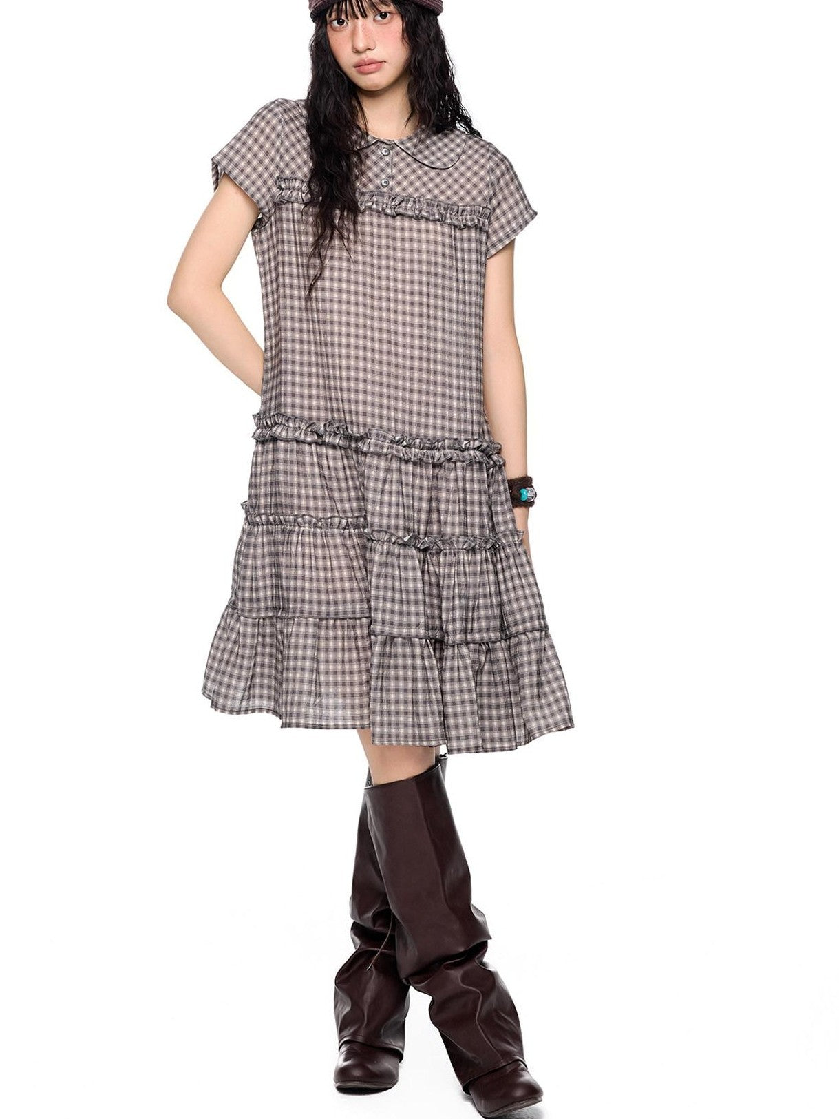 EZEK Gingham Lace Doll Collar Ruffled Women's Cotton Babydoll Midi Dresses