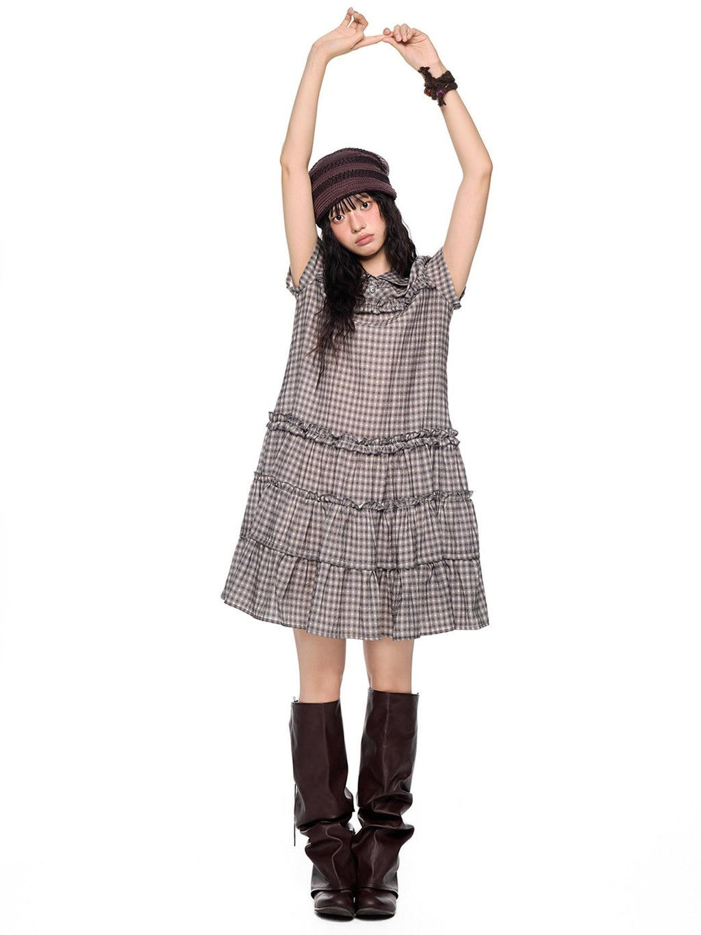 EZEK Gingham Lace Doll Collar Ruffled Women's Cotton Babydoll Midi Dresses