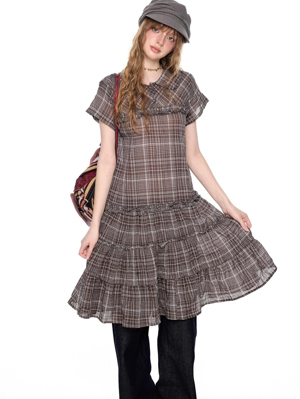 EZEK Gingham Lace Doll Collar Ruffled Women's Cotton Babydoll Midi Dresses