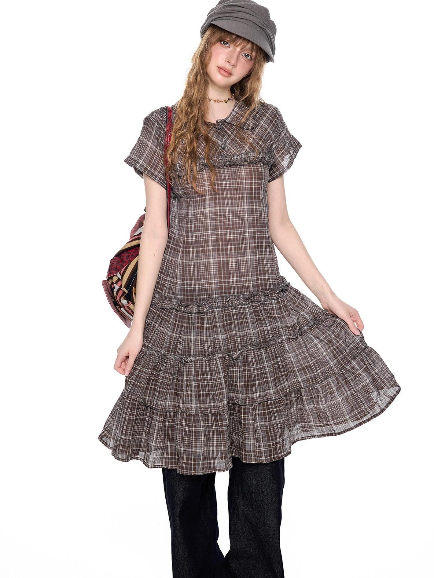 EZEK Gingham Lace Doll Collar Ruffled Women's Cotton Babydoll Midi Dresses