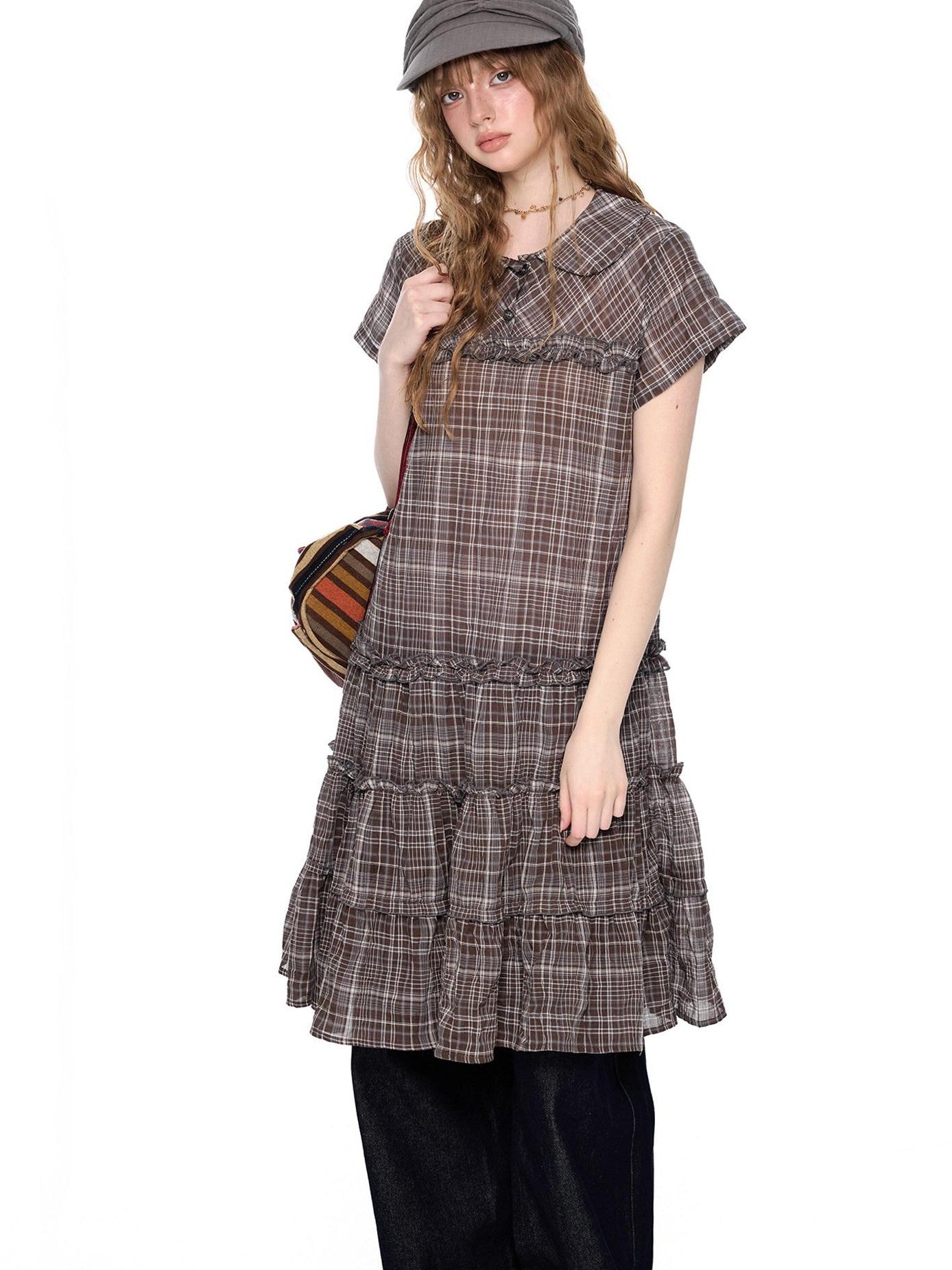 EZEK Gingham Lace Doll Collar Ruffled Women's Cotton Babydoll Midi Dresses