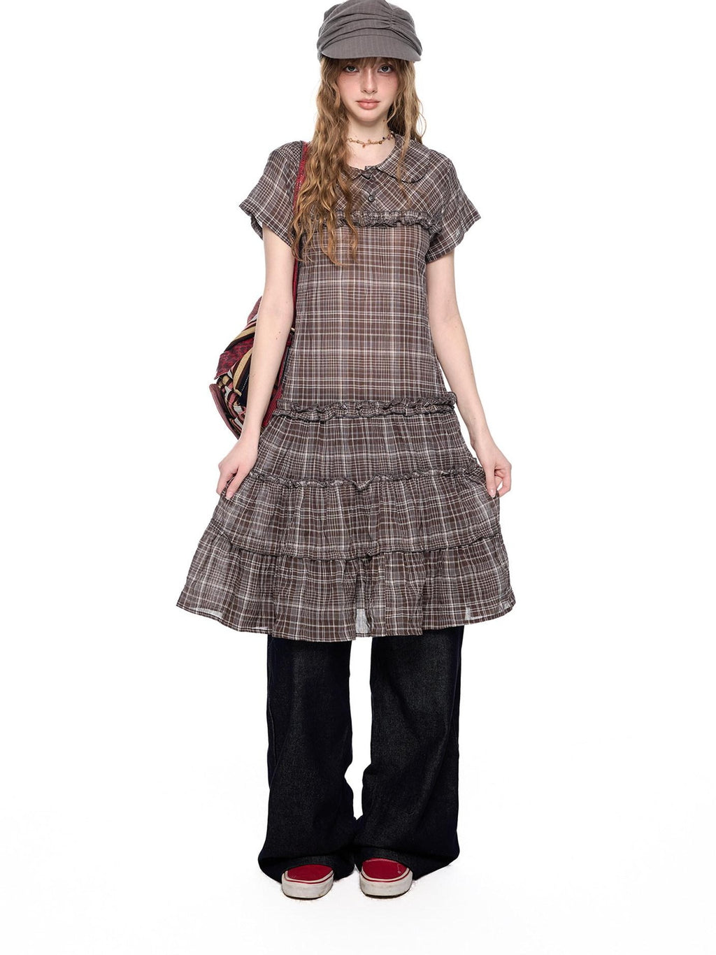 EZEK Gingham Lace Doll Collar Ruffled Women's Cotton Babydoll Midi Dresses