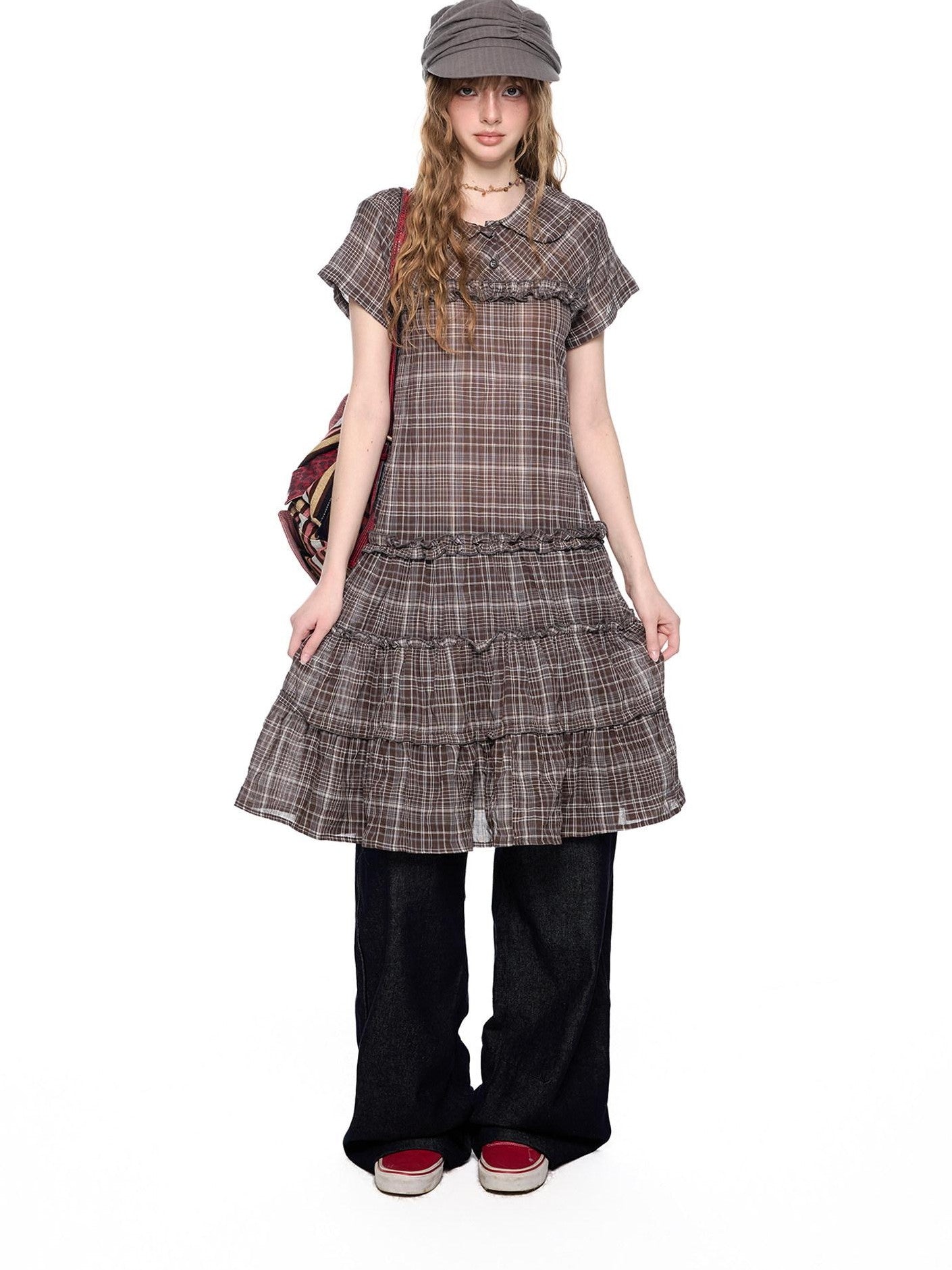 EZEK Gingham Lace Doll Collar Ruffled Women's Cotton Babydoll Midi Dresses