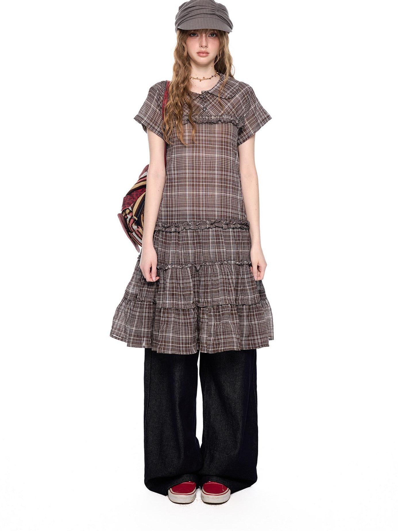 EZEK Gingham Lace Doll Collar Ruffled Women's Cotton Babydoll Midi Dresses