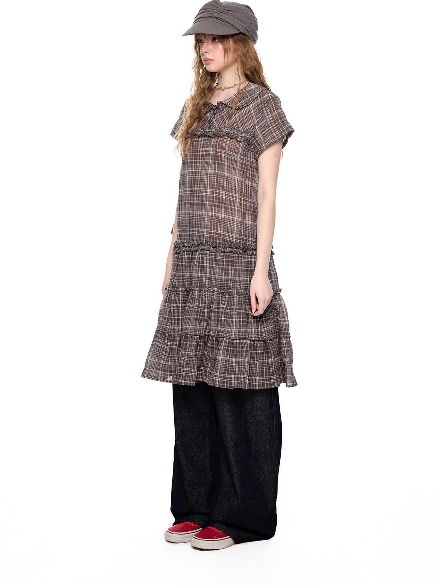 EZEK Gingham Lace Doll Collar Ruffled Women's Cotton Babydoll Midi Dresses