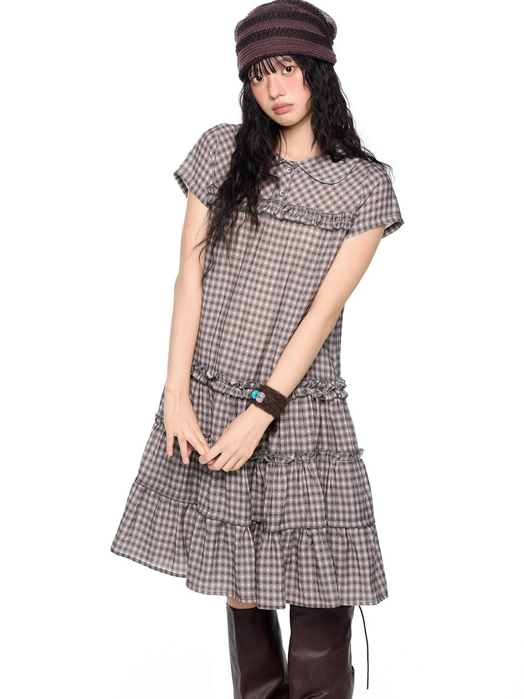 EZEK Gingham Lace Doll Collar Ruffled Women's Cotton Babydoll Midi Dresses