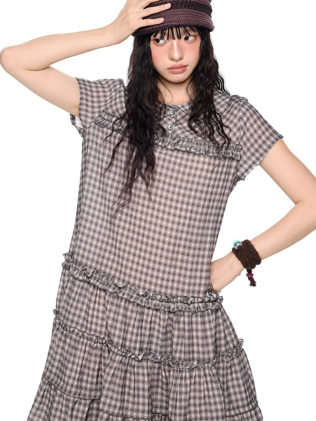 EZEK Gingham Lace Doll Collar Ruffled Women's Cotton Babydoll Midi Dresses