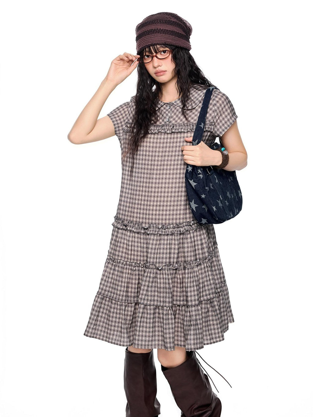 EZEK Gingham Lace Doll Collar Ruffled Women's Cotton Babydoll Midi Dresses