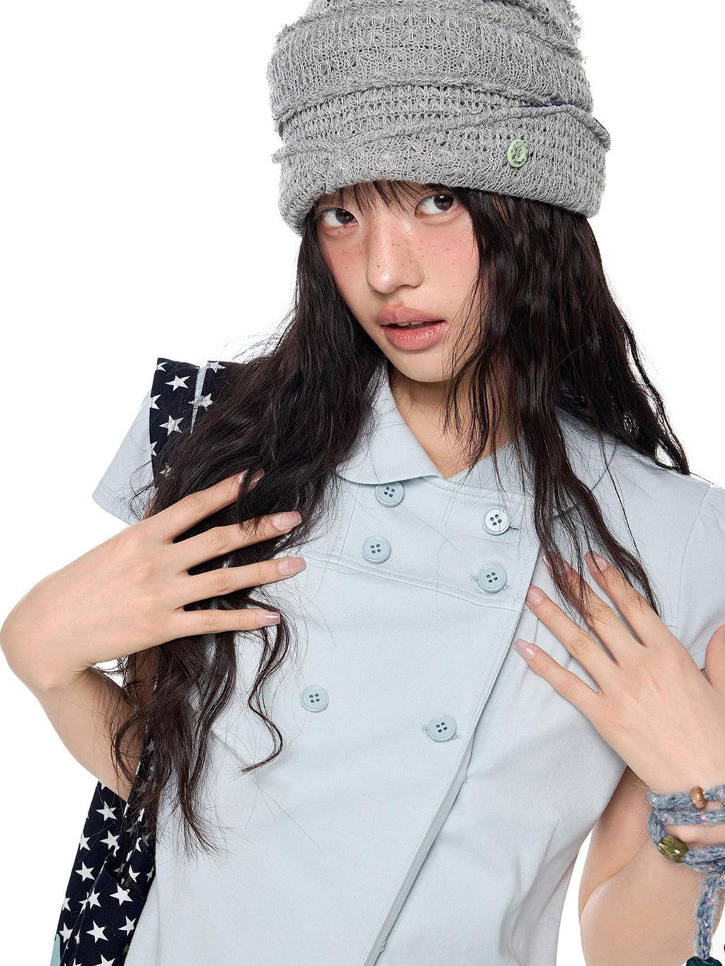 EZEK Glacier Blue Doll Collar Waist Cinched Women's Cotton Short Sleeve T-shirts