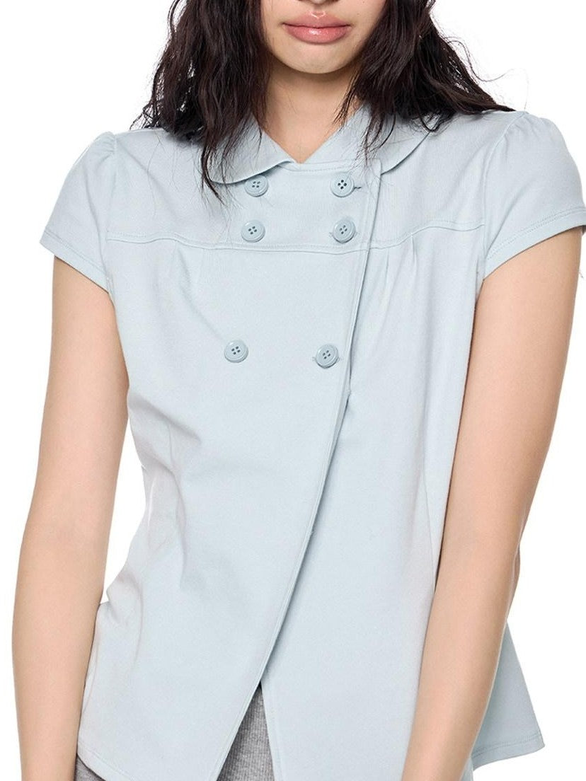 EZEK Glacier Blue Doll Collar Waist Cinched Women's Cotton Short Sleeve T-shirts