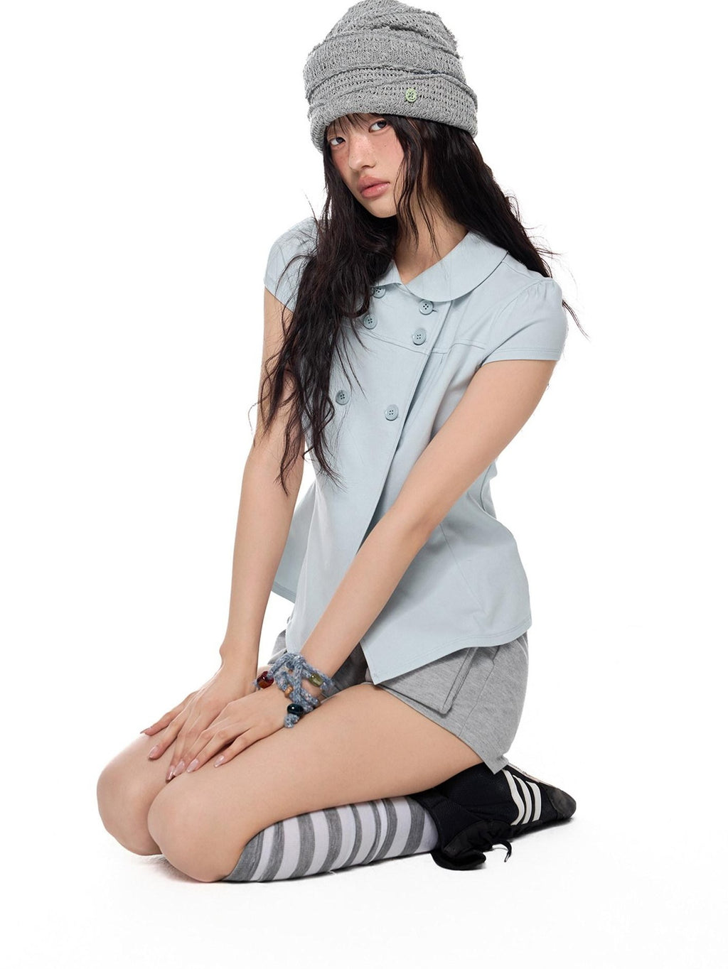 EZEK Glacier Blue Doll Collar Waist Cinched Women's Cotton Short Sleeve T-shirts