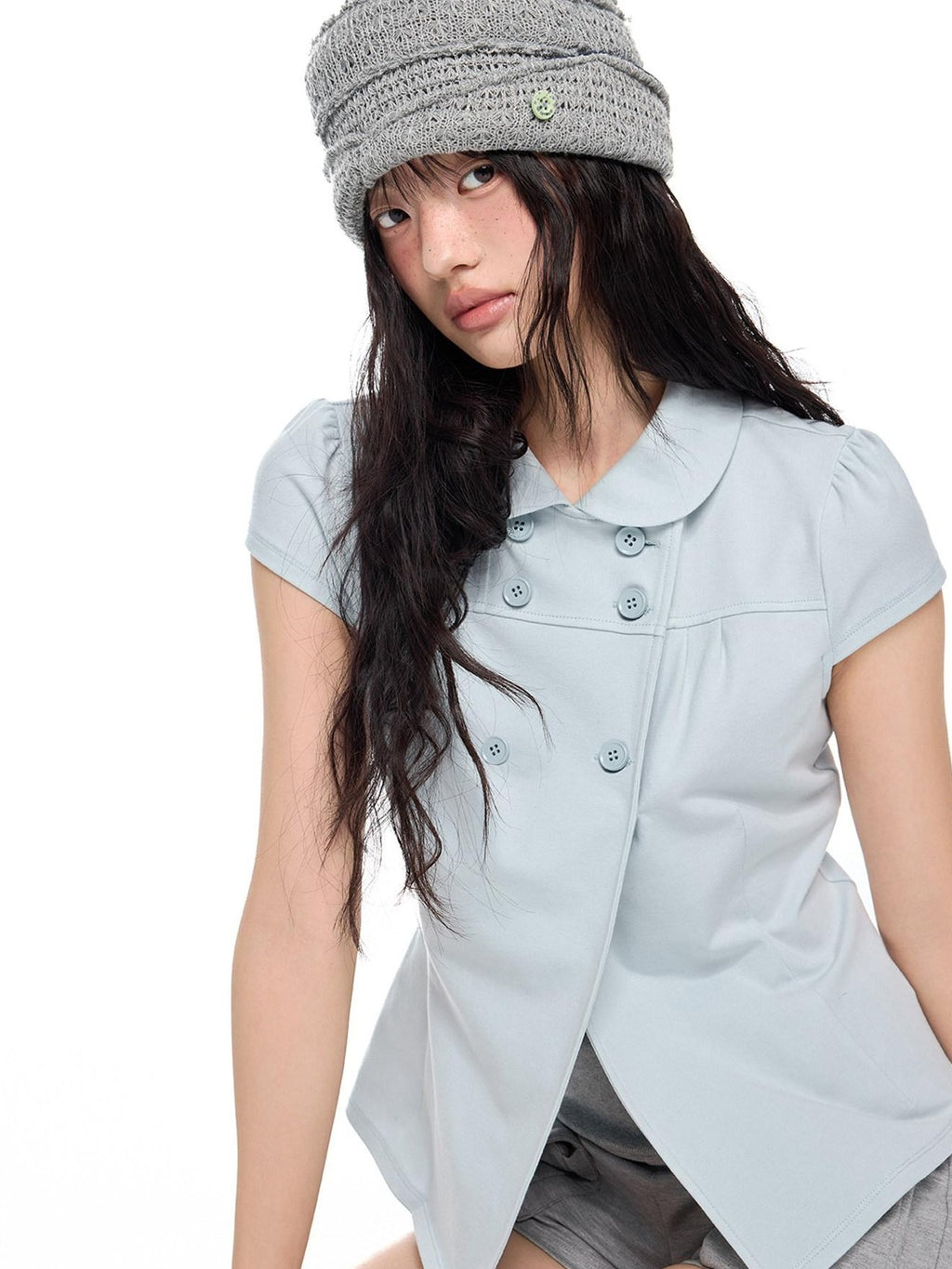 EZEK Glacier Blue Doll Collar Waist Cinched Women's Cotton Short Sleeve T-shirts