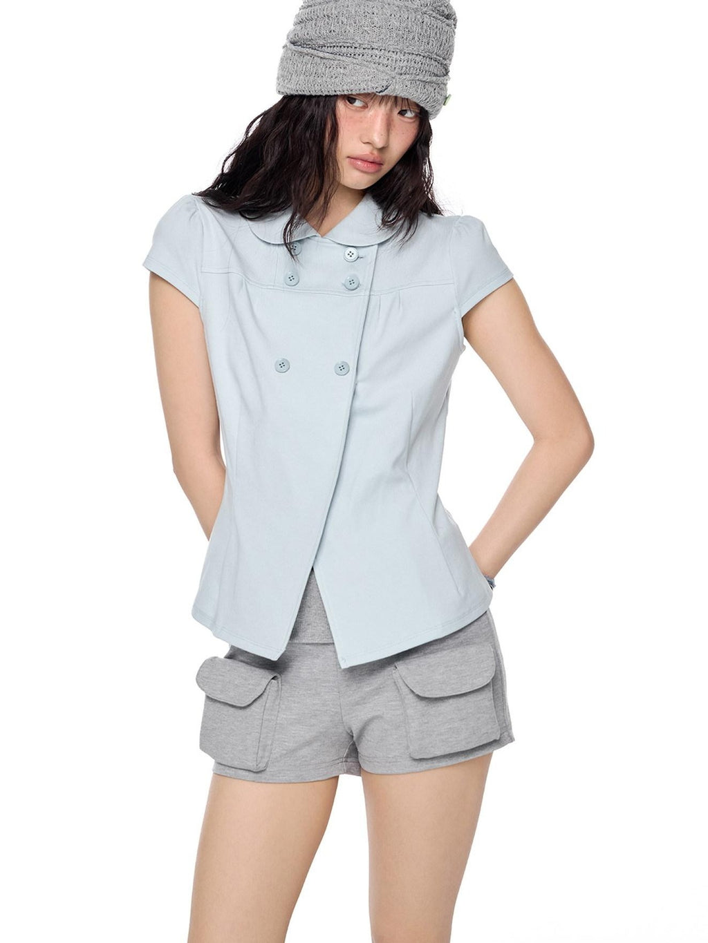EZEK Glacier Blue Doll Collar Waist Cinched Women's Cotton Short Sleeve T-shirts