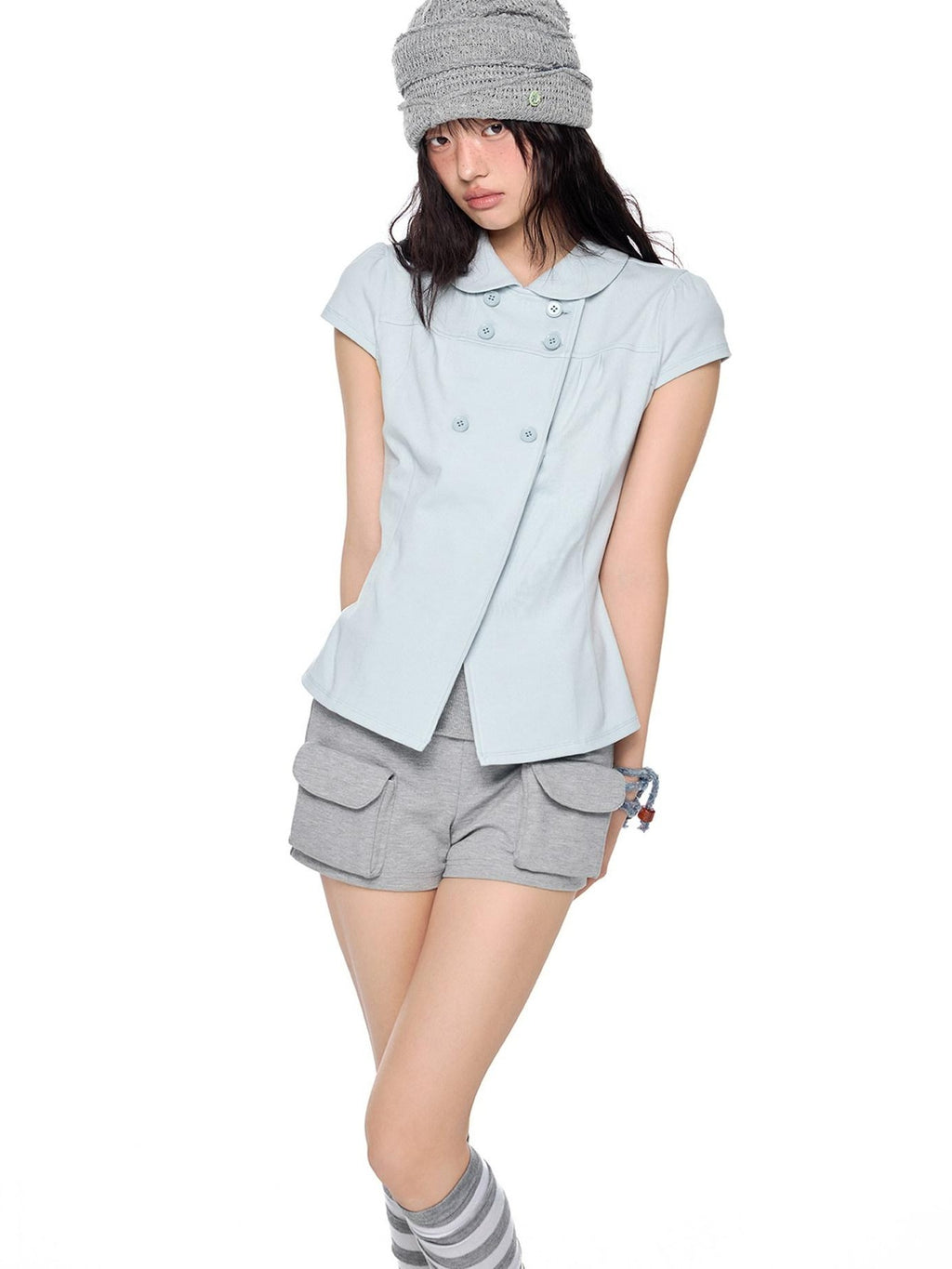 EZEK Glacier Blue Doll Collar Waist Cinched Women's Cotton Short Sleeve T-shirts