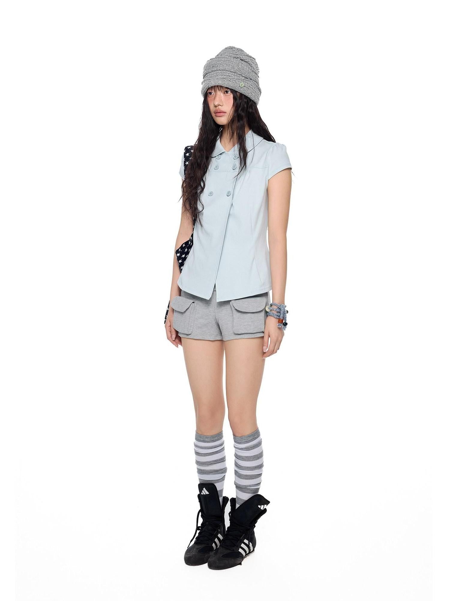EZEK Glacier Blue Doll Collar Waist Cinched Women's Cotton Short Sleeve T-shirts