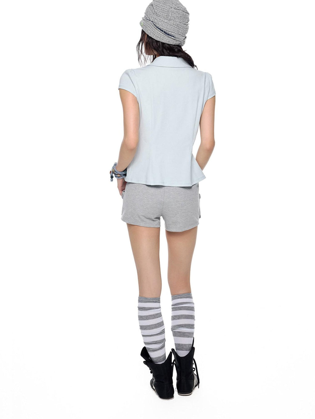 EZEK Glacier Blue Doll Collar Waist Cinched Women's Cotton Short Sleeve T-shirts