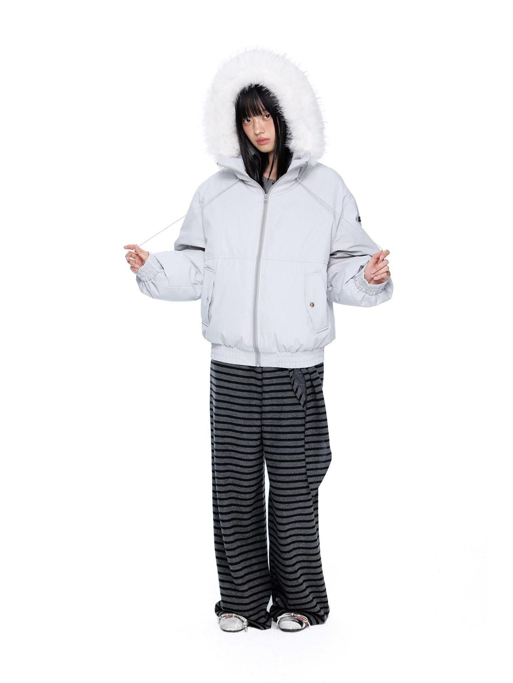 EZEK Gray Black Striped Layered Knit Pocket Women's Cotton Blend Palazzo Pants