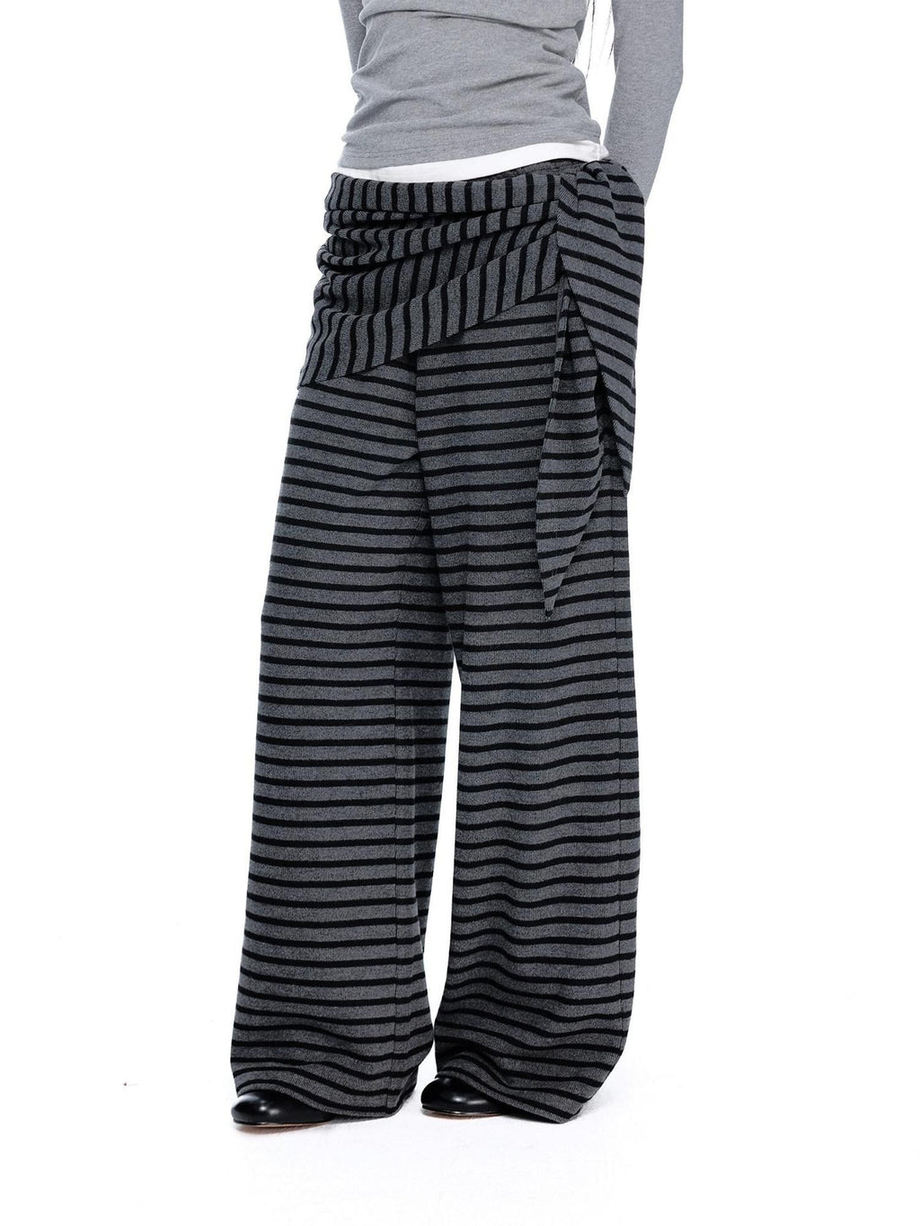 EZEK Gray Black Striped Layered Knit Pocket Women's Cotton Blend Palazzo Pants