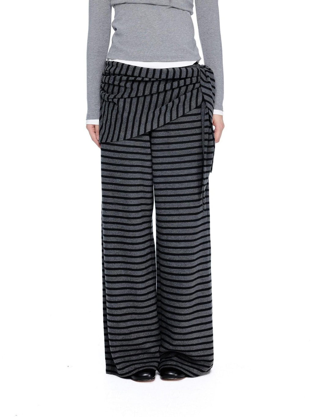 EZEK Gray Black Striped Layered Knit Pocket Women's Cotton Blend Palazzo Pants