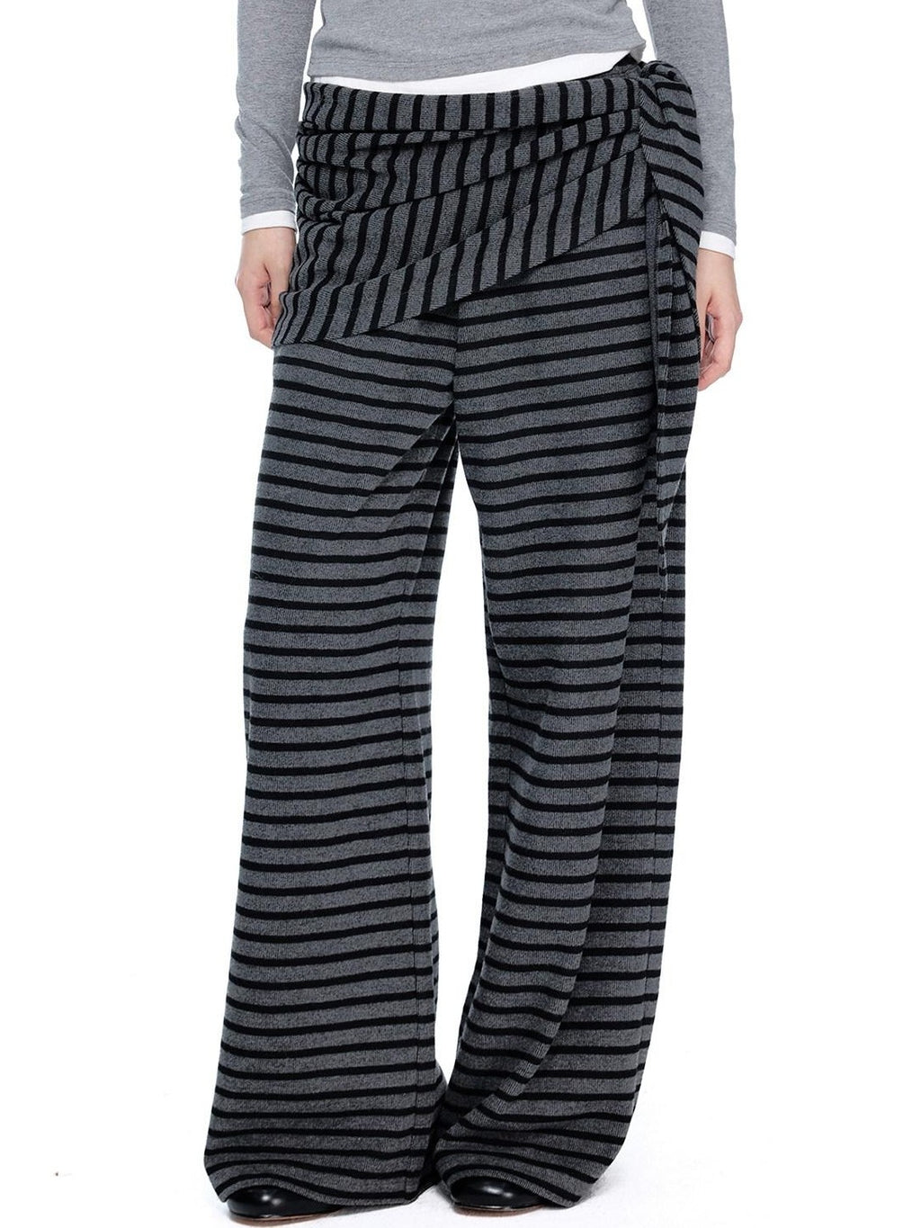 EZEK Gray Black Striped Layered Knit Pocket Women's Cotton Blend Palazzo Pants