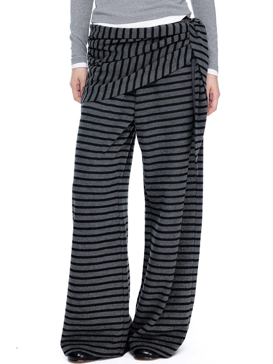 EZEK Gray Black Striped Layered Knit Pocket Women's Cotton Blend Palazzo Pants