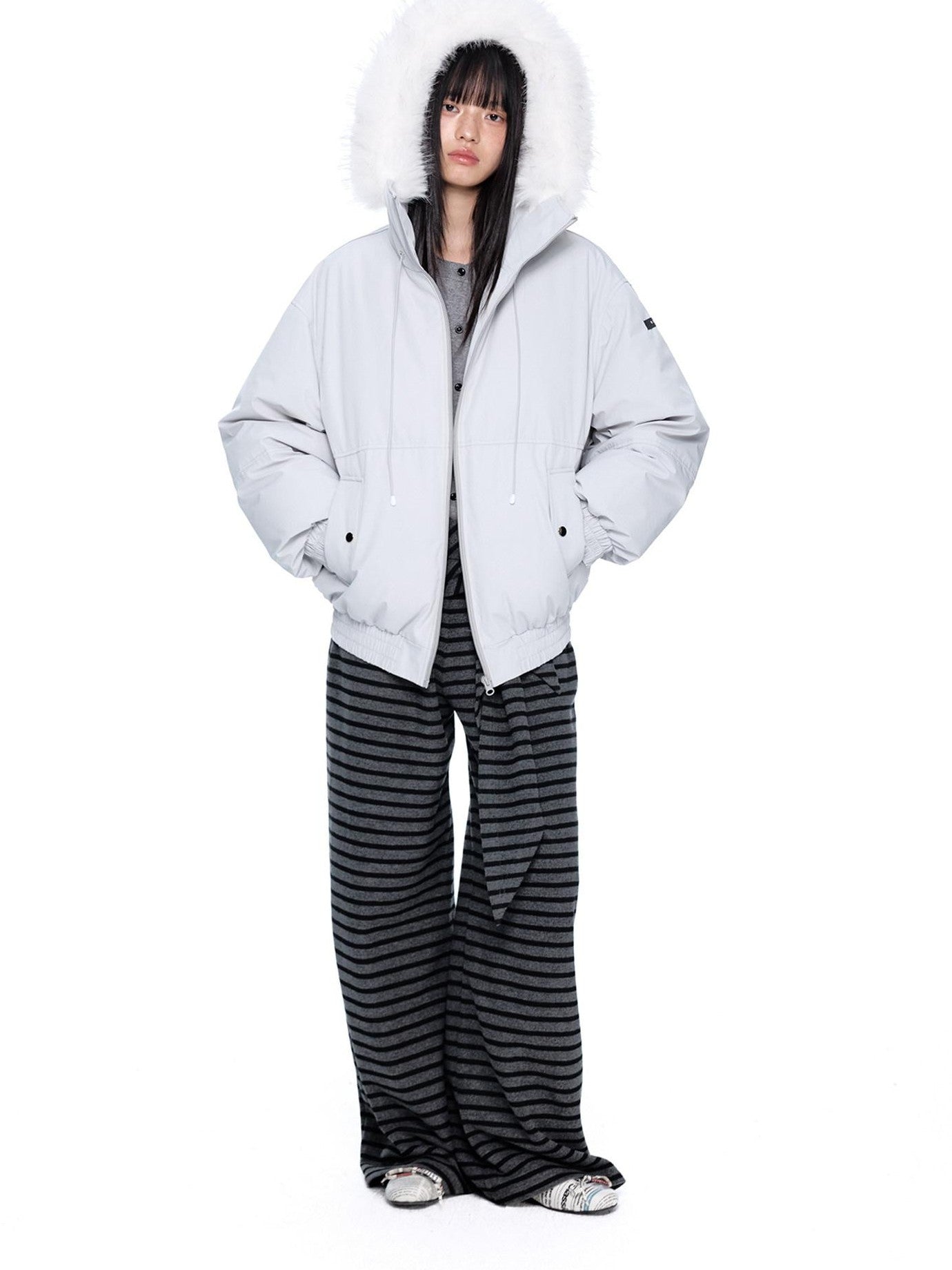 EZEK Gray Black Striped Layered Knit Pocket Women's Cotton Blend Palazzo Pants