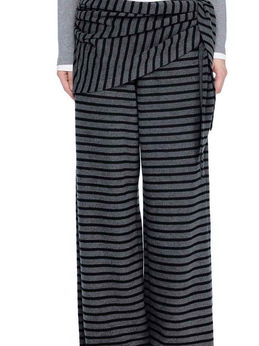 EZEK Gray Black Striped Layered Knit Pocket Women's Cotton Blend Palazzo Pants