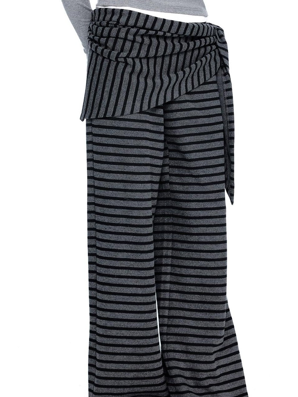 EZEK Gray Black Striped Layered Knit Pocket Women's Cotton Blend Palazzo Pants