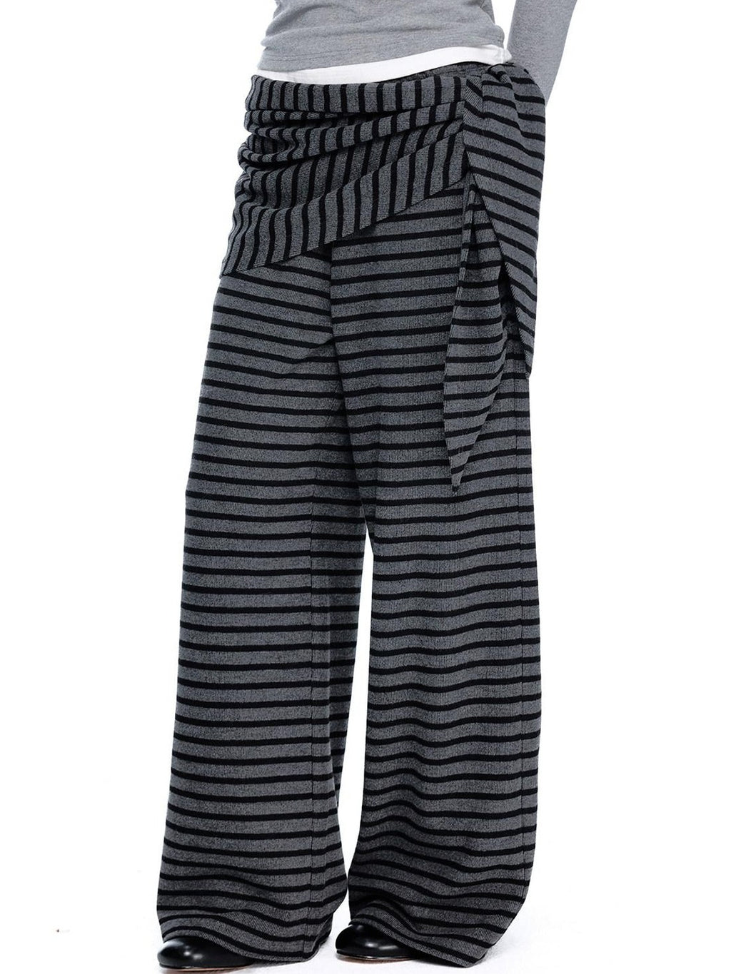 EZEK Gray Black Striped Layered Knit Pocket Women's Cotton Blend Palazzo Pants