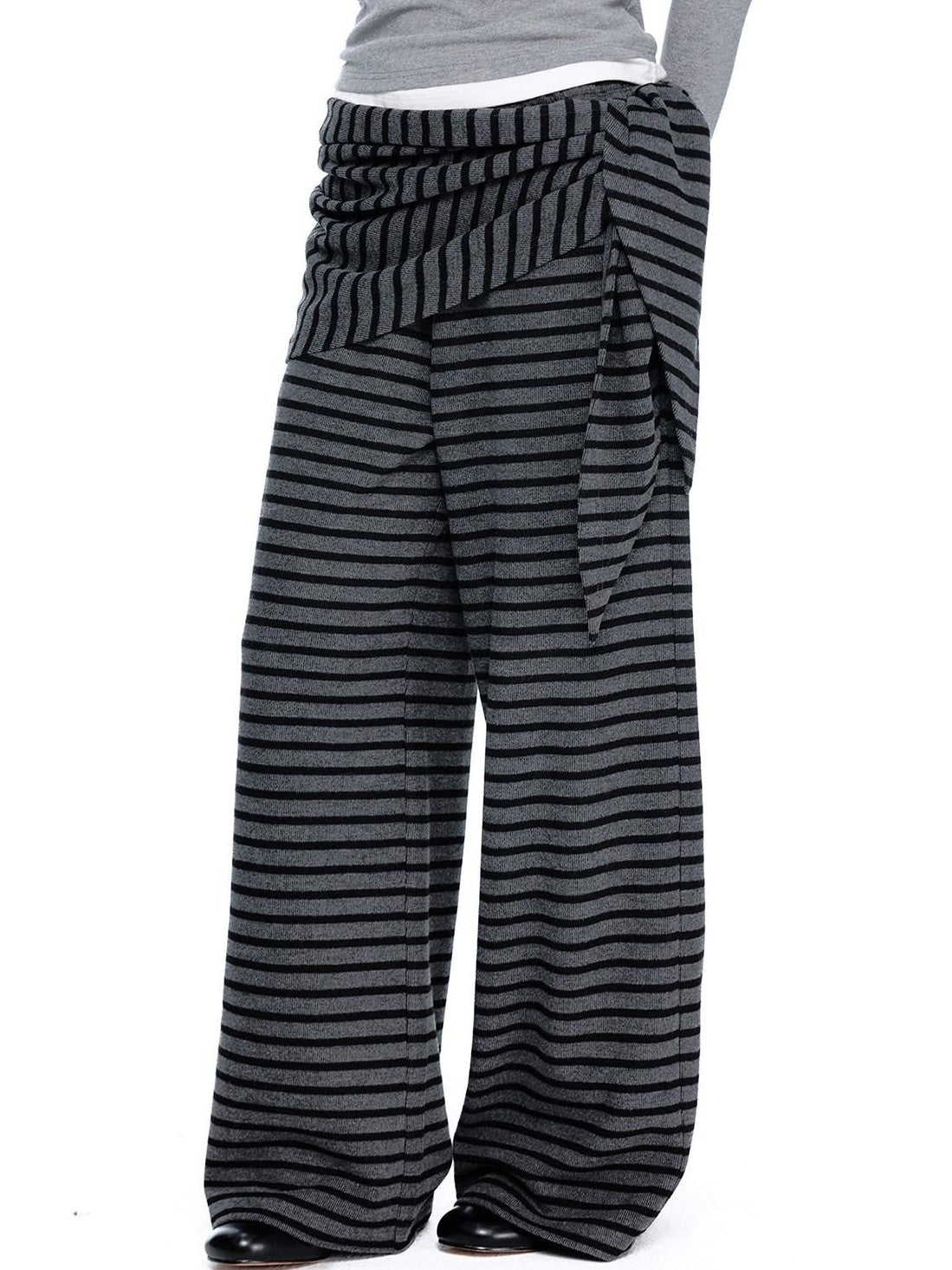 EZEK Gray Black Striped Layered Knit Pocket Women's Cotton Blend Palazzo Pants