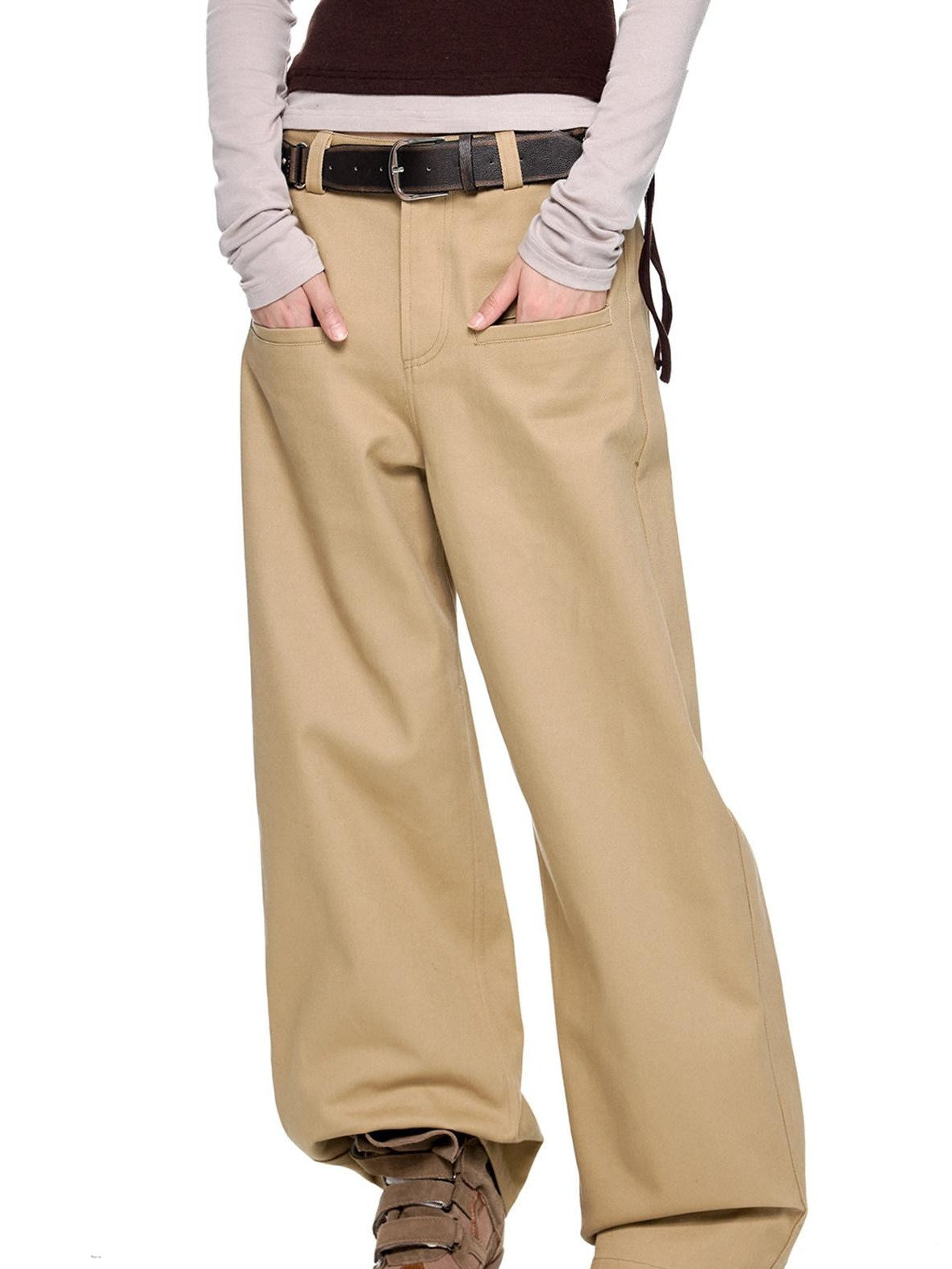 EZEK Gray Brown Pocket Design Vintage Loose Women's 100% Cotton Straight-leg Jeans