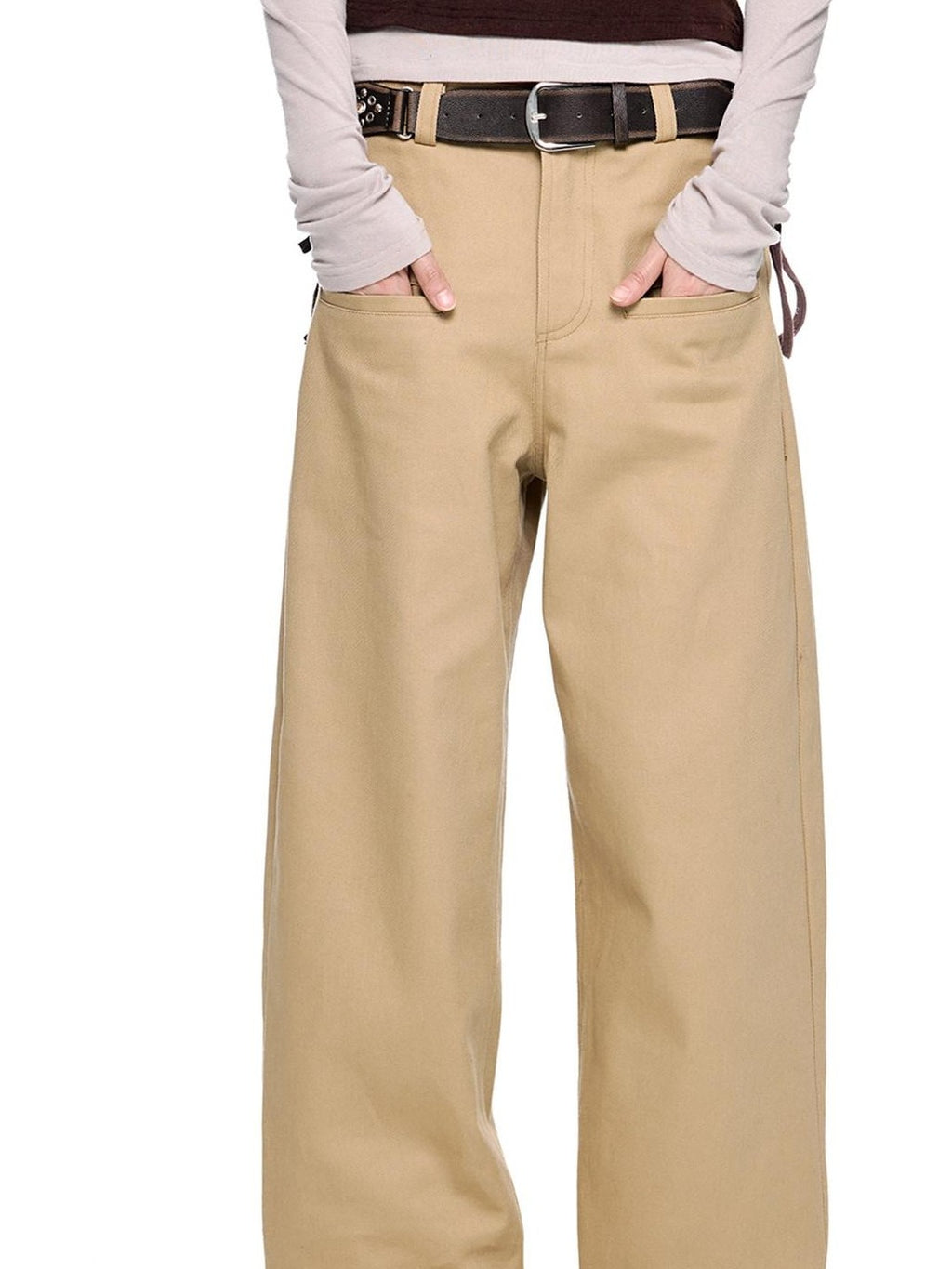 EZEK Gray Brown Pocket Design Vintage Loose Women's 100% Cotton Straight-leg Jeans