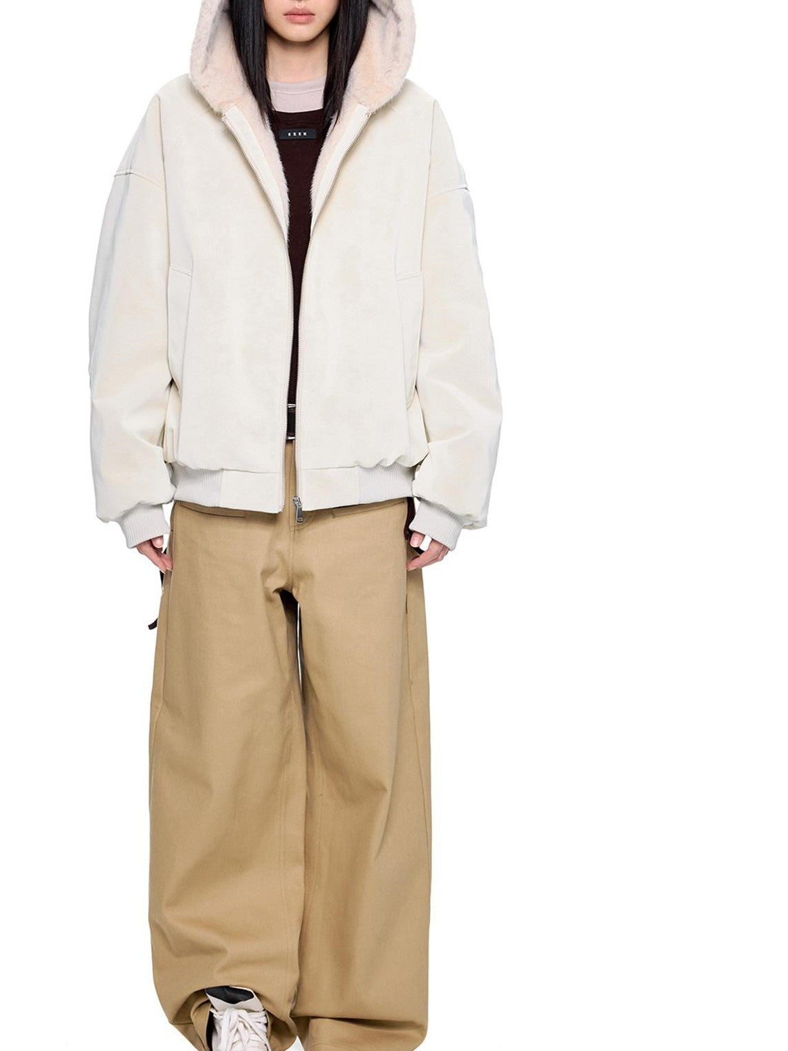 EZEK Gray Brown Pocket Design Vintage Loose Women's 100% Cotton Straight-leg Jeans