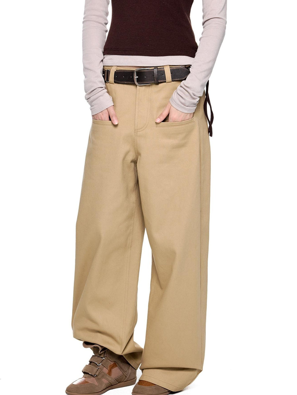 EZEK Gray Brown Pocket Design Vintage Loose Women's 100% Cotton Straight-leg Jeans