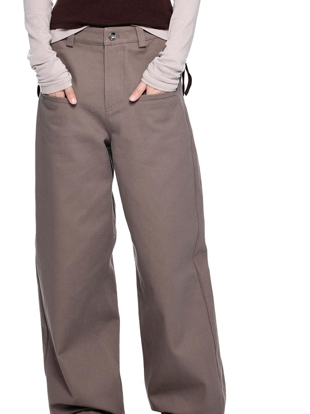 EZEK Gray Brown Pocket Design Vintage Loose Women's 100% Cotton Straight-leg Jeans