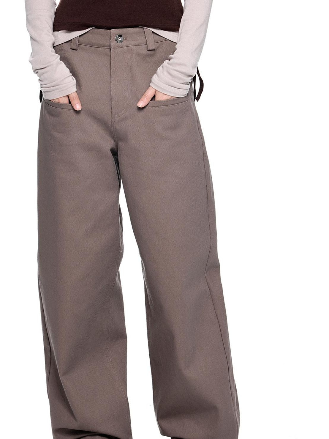 EZEK Gray Brown Pocket Design Vintage Loose Women's 100% Cotton Straight-leg Jeans