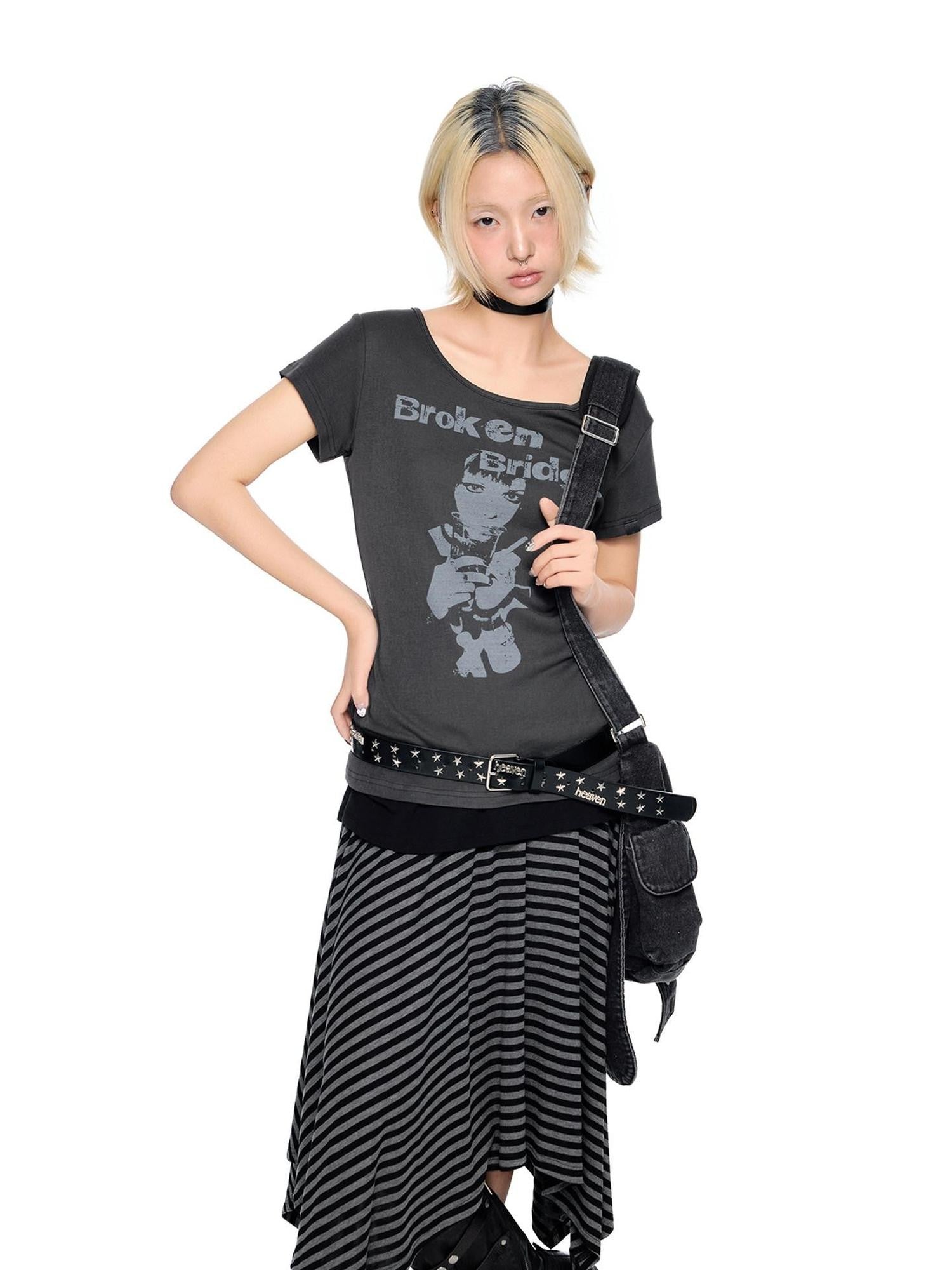 EZEK Gray Letter Print Round Neck Slim Fit Women's Modal Short Sleeve T-shirts