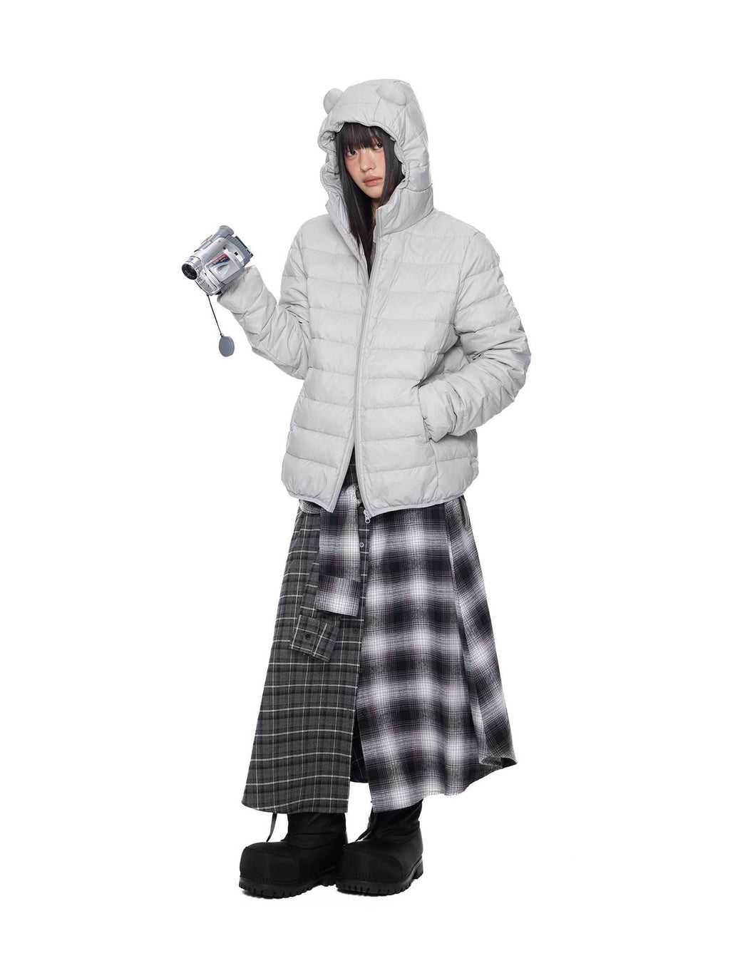EZEK Gray Plaid Colorblock Patchwork Mid Waist Women's Cotton A-line Skirts