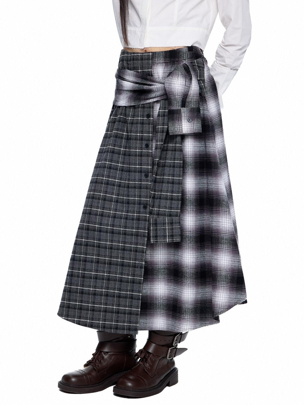 EZEK Gray Plaid Colorblock Patchwork Mid Waist Women's Cotton A-line Skirts