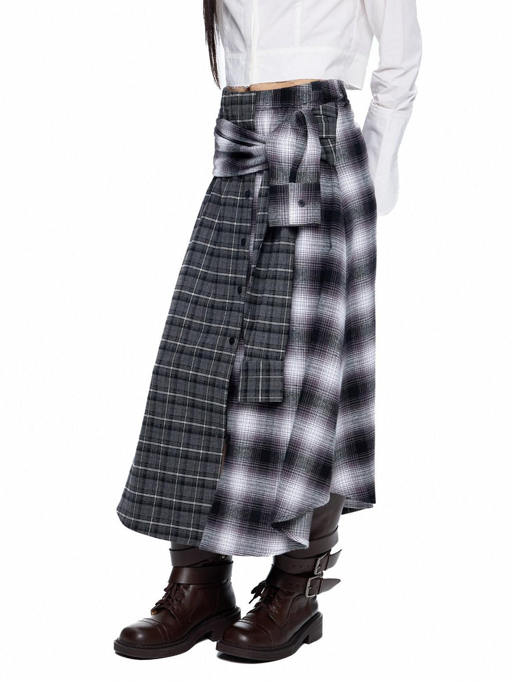 EZEK Gray Plaid Colorblock Patchwork Mid Waist Women's Cotton A-line Skirts