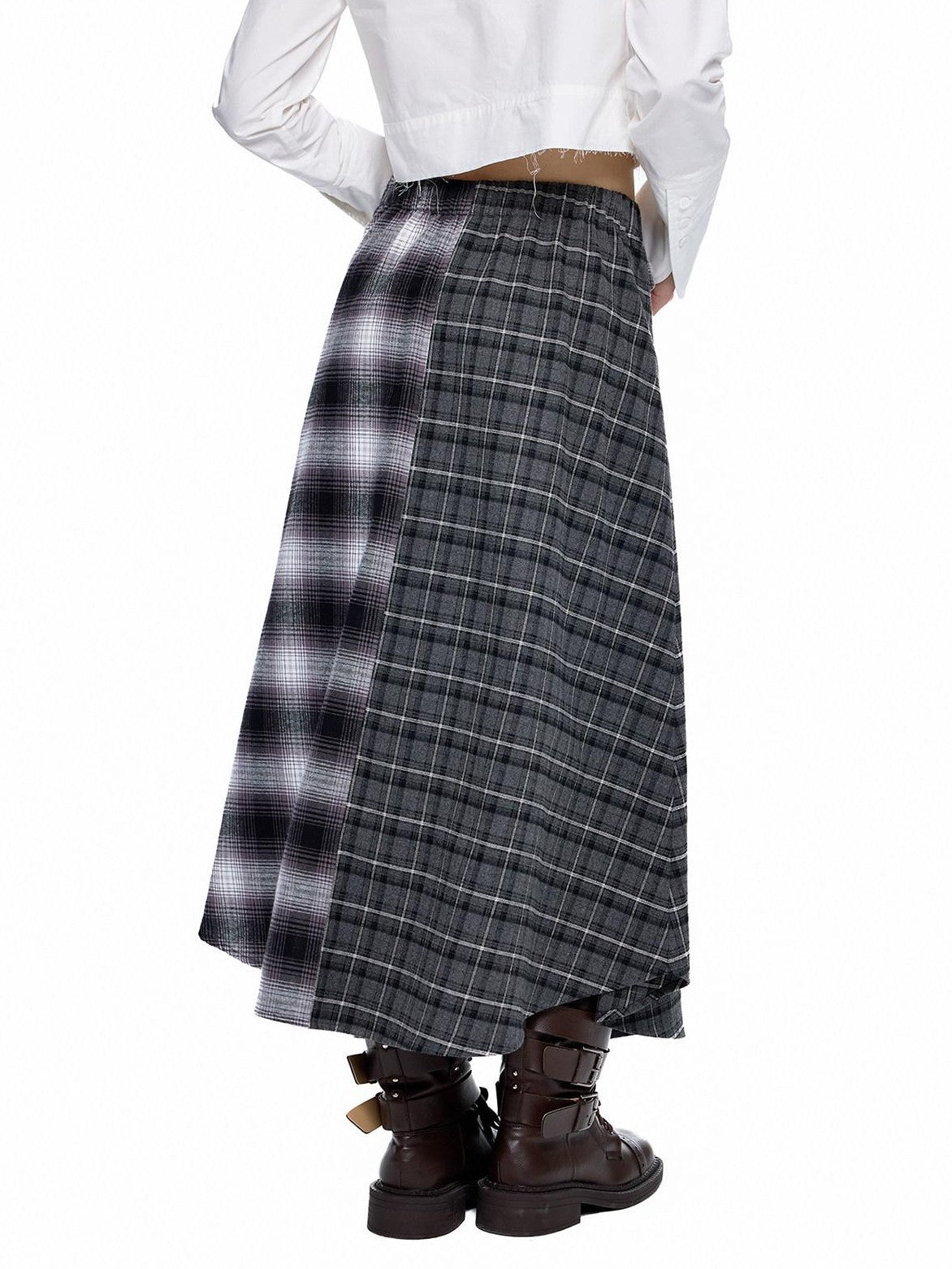 EZEK Gray Plaid Colorblock Patchwork Mid Waist Women's Cotton A-line Skirts