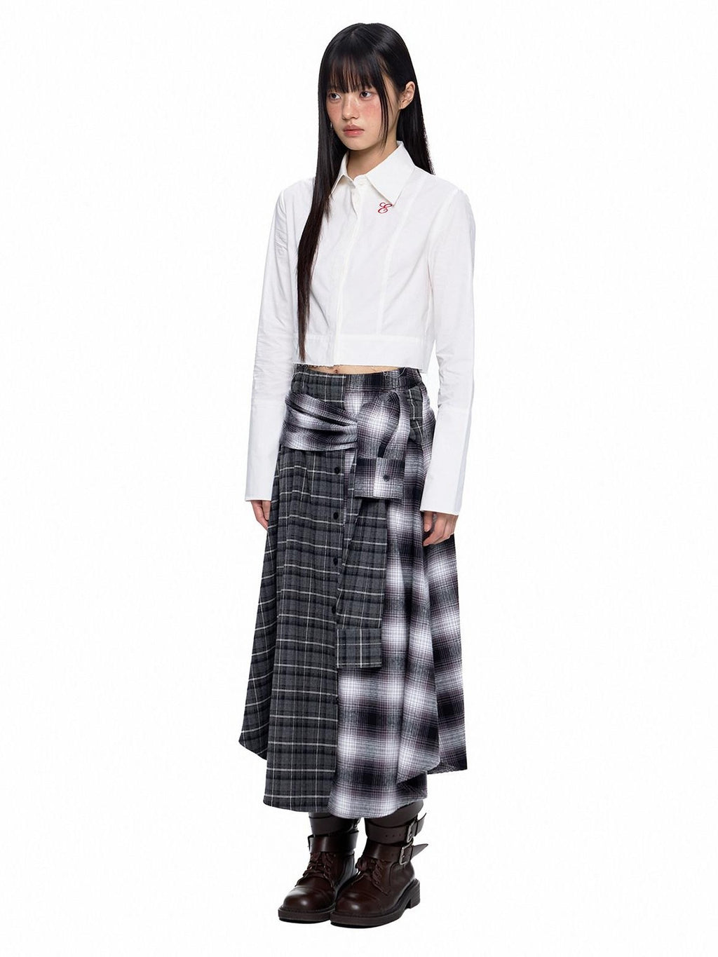 EZEK Gray Plaid Colorblock Patchwork Mid Waist Women's Cotton A-line Skirts