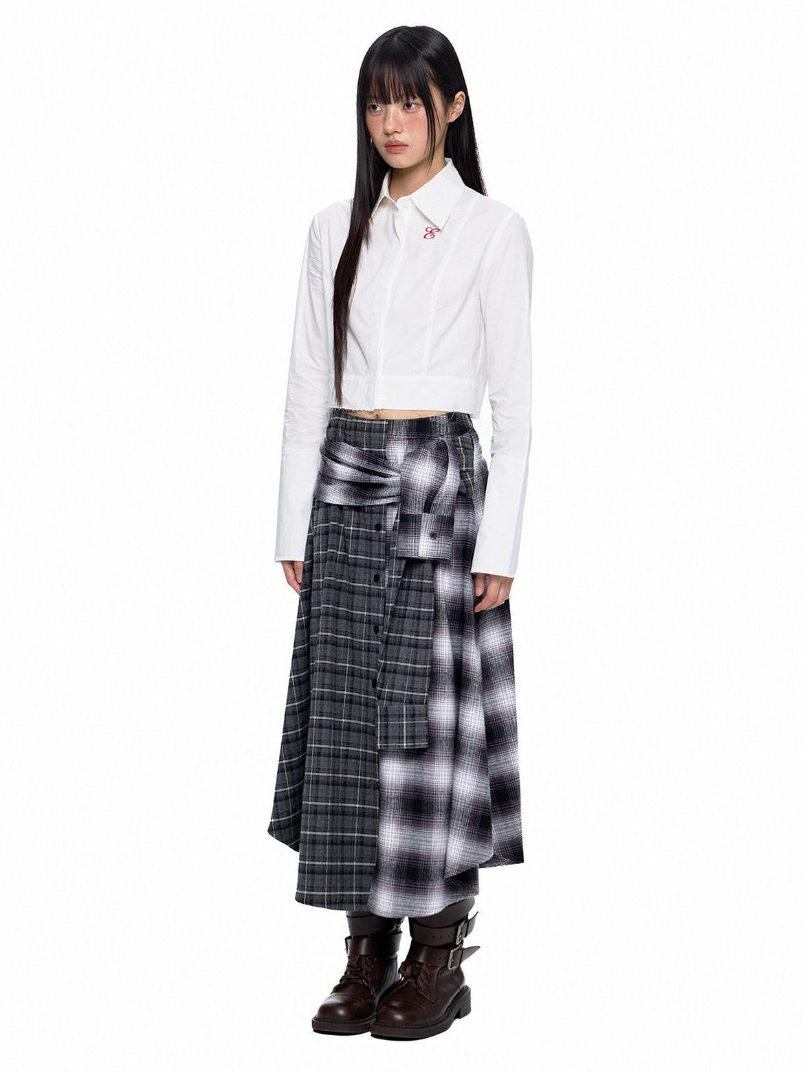 EZEK Gray Plaid Colorblock Patchwork Mid Waist Women's Cotton A-line Skirts
