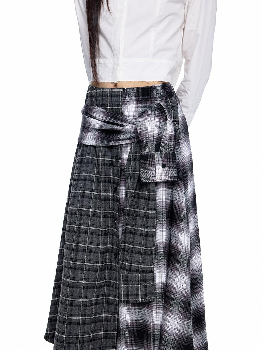 EZEK Gray Plaid Colorblock Patchwork Mid Waist Women's Cotton A-line Skirts