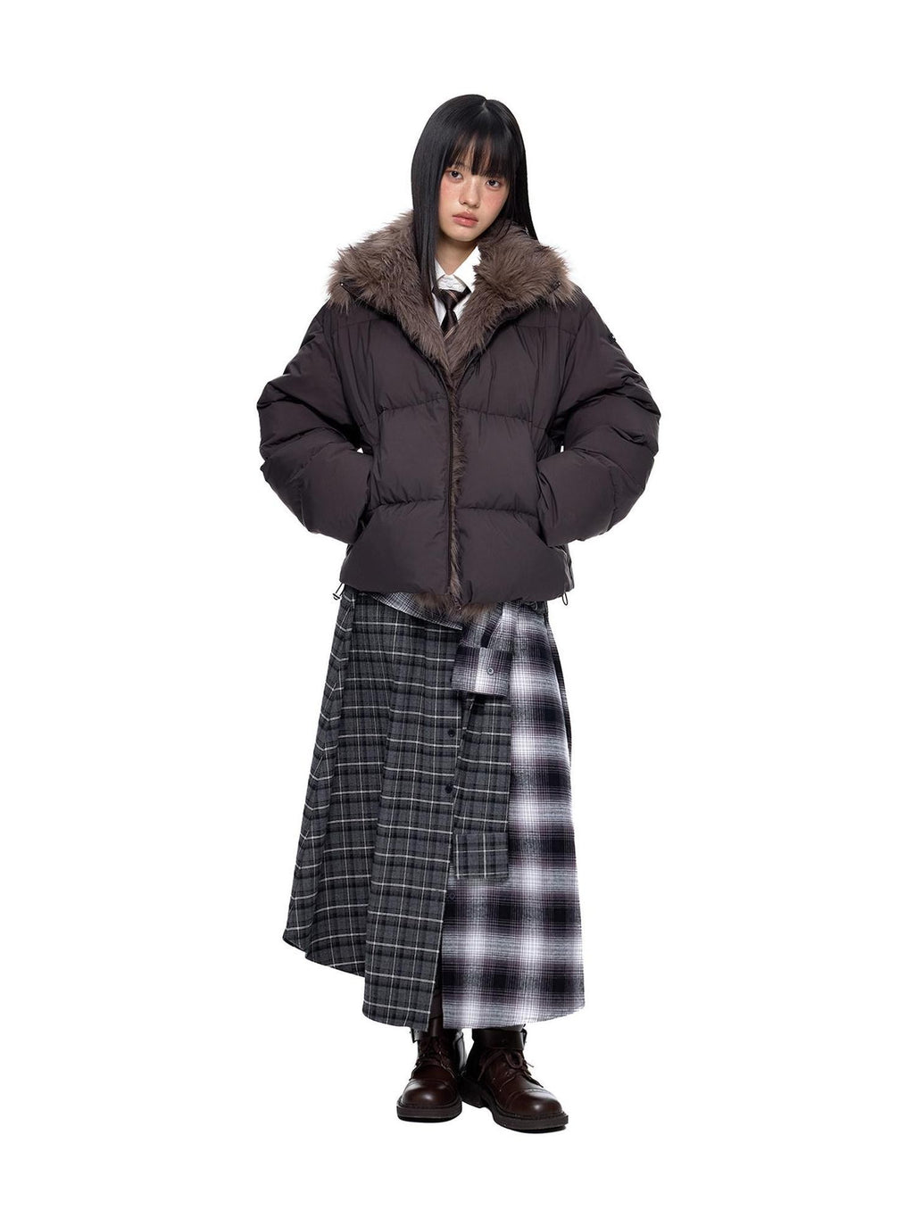 EZEK Gray Plaid Colorblock Patchwork Mid Waist Women's Cotton A-line Skirts